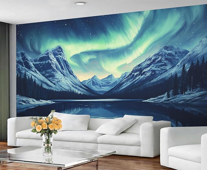Northern Lights Mountain Wall Mural, Aurora Borealis Lake 3D Wall Murals, Snowy Peaks Starry Sky Wallpaper Mural, for Living Room Bedroom Large Wallpaper Indoor Decor 157.5" W x110.3 H