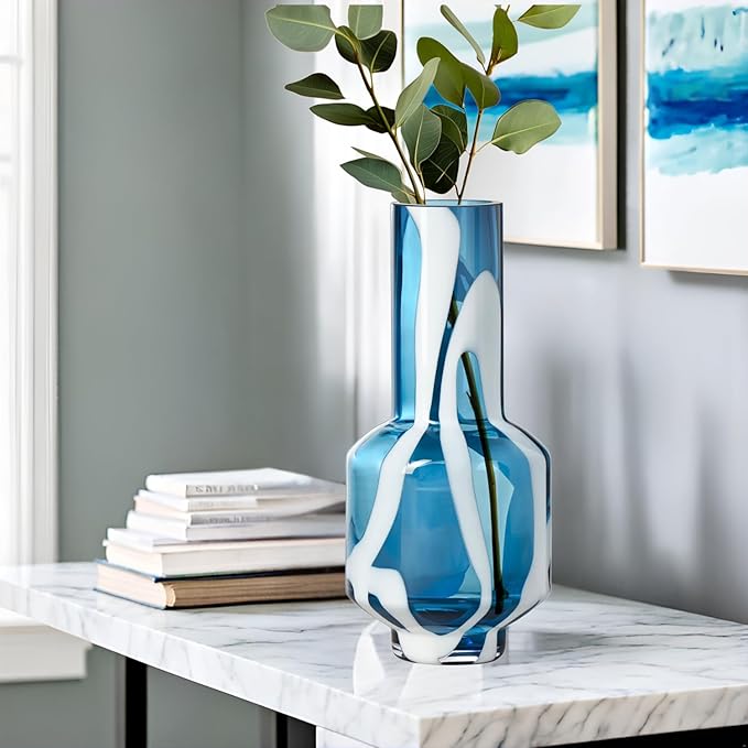 Torre & Tagus Mouth Blown Blue Art Glass Vase with White Swirls - 12" Tall Decorative Vase for Modern or Coastal Home Decor, Living Room, or Bedroom