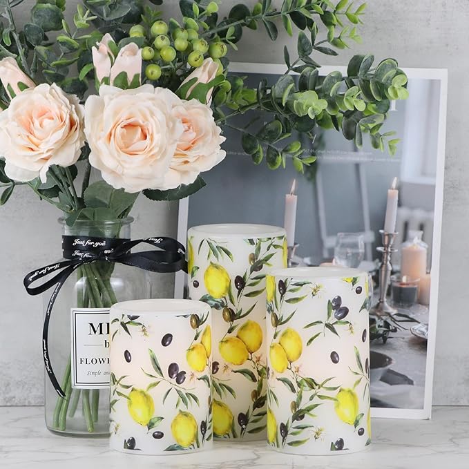 DRomance Flameless Pillar Wax Candles with 6 Hour Timer Battery Operated 3 Packs Lemon Decals LED Flickering Candles Yellow Light Holiday Wedding Spring Home Decoration Candle(3 x 4, 5, 6 Inches)