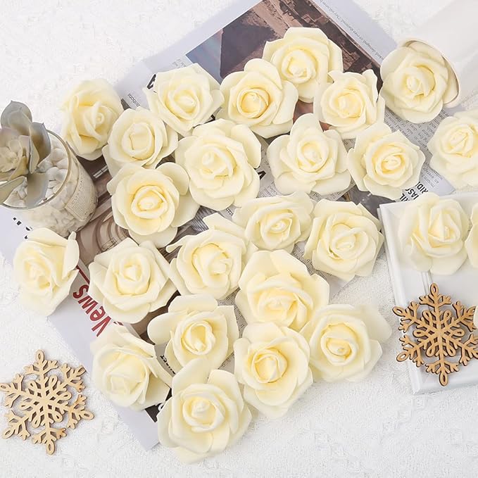 Artificial Rose Flower Heads, 100pcs Cream Yellow Roses Artificial Flower Foam Rose for DIY Wedding Bouquets Centerpieces Arrangements Party Baby Shower Home Decor (Stemless,Cream Yellow)