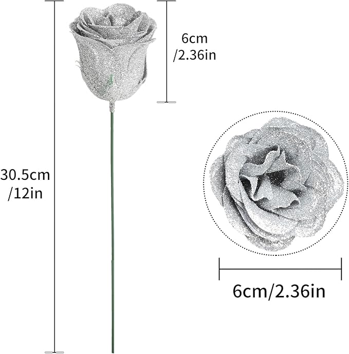 Glitter Roses Bouquet,30PCS Silver Roses Fake Roses Artificial Flowers for Wedding Bouquet Party Christmas Home Decor(Silver)