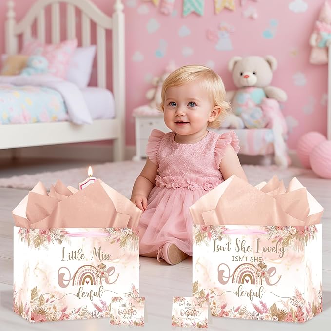 Onederful 1st Birthday Gift Bag for Baby Girl, Boho Floral First Birthday Gift Bags with Tissue Paper Greeting Card Little Miss Onederful Wrapping Paper Bag for Newborn Baby Shower One Year Old Party