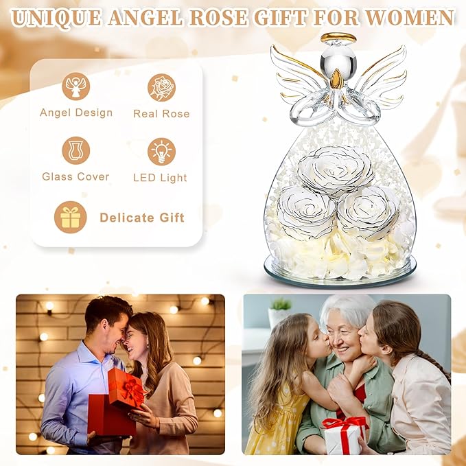 Beferr Christmas Birthday Gifts for Women, Mom Gifts for Christmas Fresh Flowers for Delivery Prime Forever Preserved Rose in Glass Angel, Xmas Gifts for Grandma Wife Sister Her, White Limited Edition