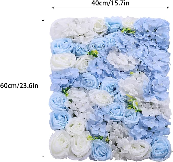 LOYALHEARTDY 4 Pack Artificial Flower Wall Panels 24" x 16" Blue & White Faux Hydrangea and Rose Artificial Flower Backdrop Panels for Wedding Party Event Flower Wall Decor