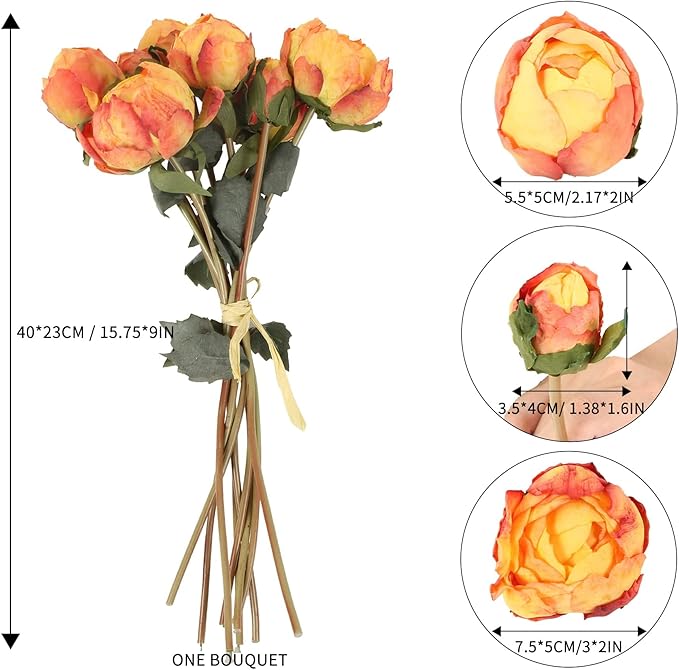Artificial Peonies Flowers 2 Bouquets Vintage Peonies 18pcs Orange Peonies with Stems Silk Peony Flowers for Terracota Wedding Decoration Bride Bouquet Flowers Crafts Floral Arrangement (Sunset)