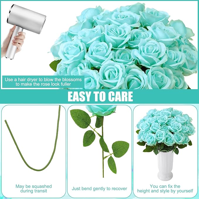 36 Pcs Turquoise Artificial Roses with Long Stems, Fake Silk Rose Artificial Flowers Bulk for Bridal Wedding Bouquet Centerpiece Ball Arrangement Party Decor