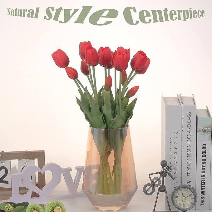 20pcs Artificial Tulip Flowers,16 Inch Real Touch Tulip Stems with Faux Leaves, Faux Tulips and Buds for Home Décor Centerpiece Ornament Wedding Bouquet,Red