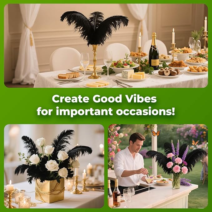 Piokio 10 pcs Natural Black Ostrich Feathers 14-16 inch(35-40 cm) Bulk for DIY Halloween Decorations, Wedding Party Centerpieces, Gatsby Decorations
