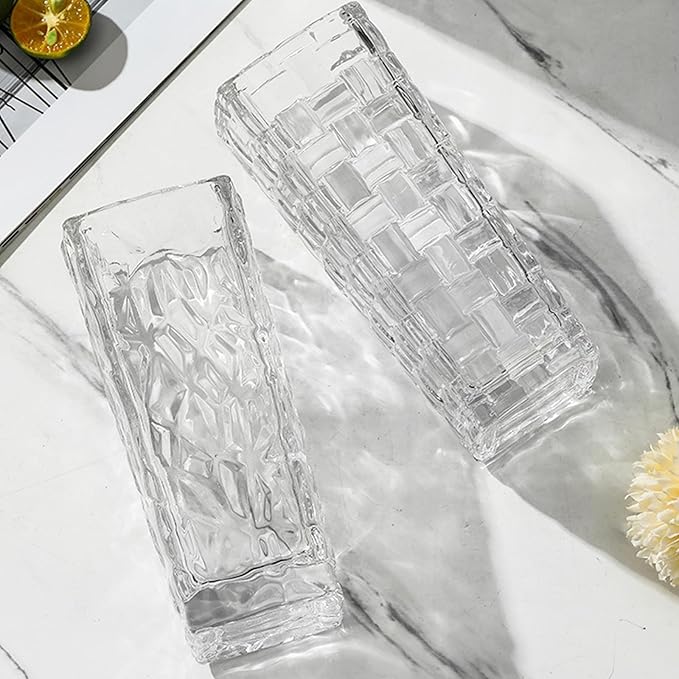 Clear Glass Vase for Flowers Esmiome Square Embossed Rectangle 6in High Glass Bud Vases Small Vase for Flowers Plant Terrarium Candle Holder Water Glasses for Wedding Centerpiece Office Table,IcePlate