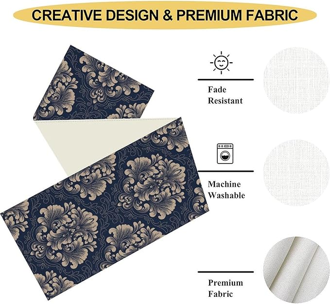 Vintage Damask Table Runner, Blue Classical Luxury Old Fashioned Damask Royal Victorian Flora Print Table Center Decor for Family Kitchen Table Decorations Indoor Outdoor 13x90 inch