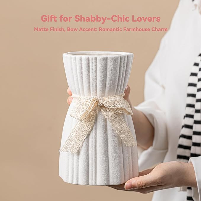 White Ceramic Vase with Lace Bow & Ribbed Texture - 7.7" Unique Flower Vase for Pampas Grass & Centerpieces, Farmhouse/Boho Decorative Vase for Living Room, Office Desk & Gift for Her/Yourself