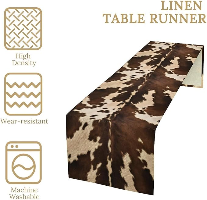 Cow Print Table Runner, Brown Cowhide Western Style Runner Country Farmhouse Cottage Patten Decoration for Home Kitchen Dining,13x90 Inch