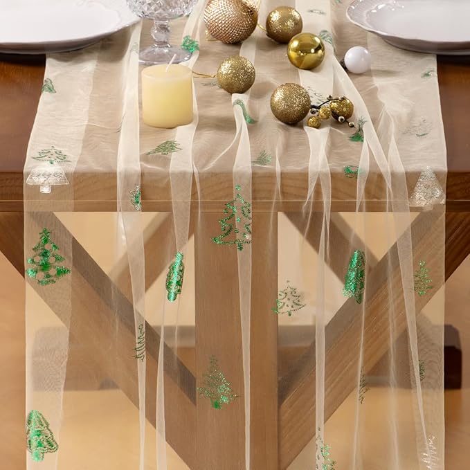 Socomi Christmas Tree Table Runner Gold Gauze Sheer Chiffon Cheesecloth Sequin 10FT Glitter Metallic Foil Dining Wedding Birthday Party Winter Holiday Centerpiece Table Decor 3pcs Beige