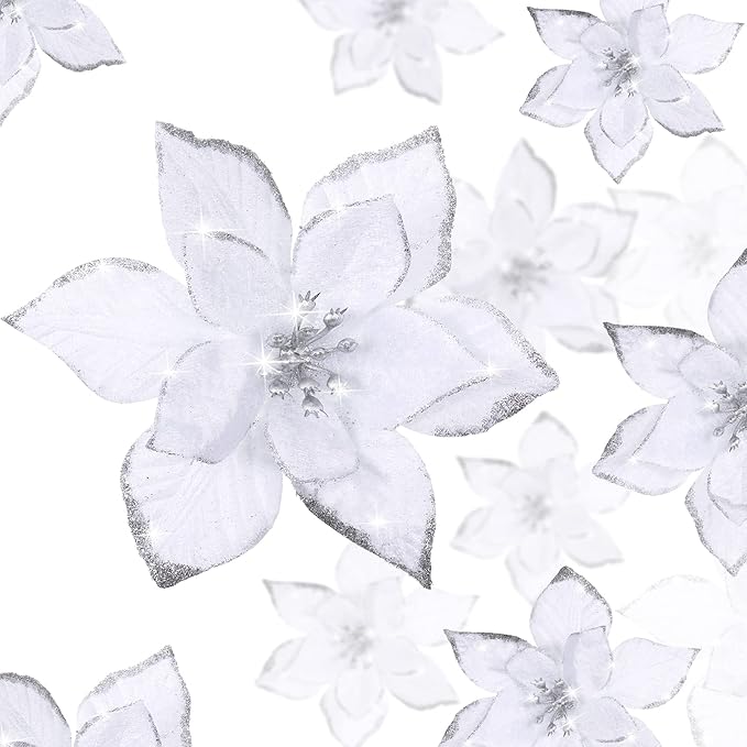 WILLBOND 24 Pcs 3 Size Poinsettia Flower Artificial Christmas Decor Glitter Poinsettia Christmas Ornaments Faux Flowers for Xmas Tree Outdoor(3.2/4/6 Inches,White)