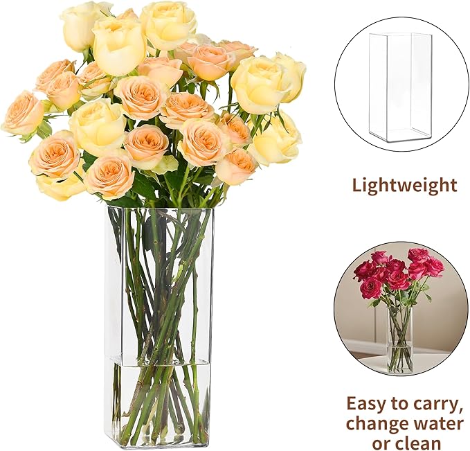 Acrylic Square Flower Vase, Non-breakable Vase, 5" x 5" x 10" Tall Clear Vases for Flower, Large Cube Floral Plant Container, Planter Terrarium for Wedding Party Event, Home Office Decor