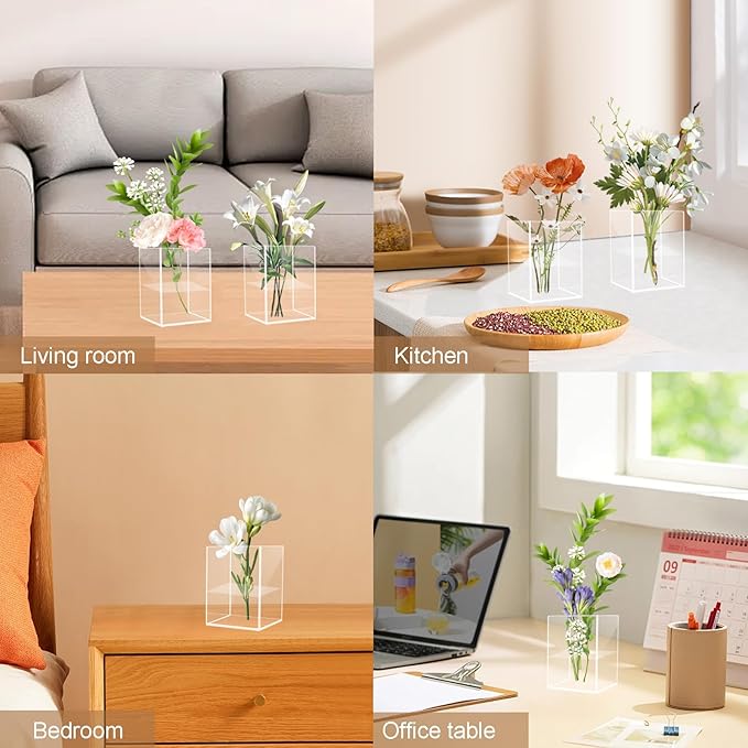 24 Pack Acrylic Vases, 4 Inch Clear Cube Acrylic Vase Bulk Small Square Plastic Flower Vase Container Unbreakable Plastic Vases for Centerpiece Home Table Wedding