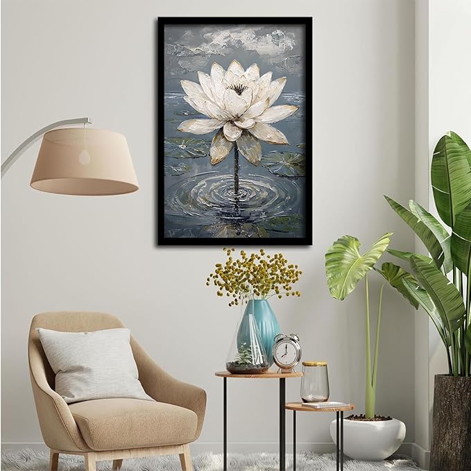Stunning white lotus emerges from prismatic water with delicate petals background Serene aquatic wall art suitable for modern minimalist decor 24x36in Metal blackFramed