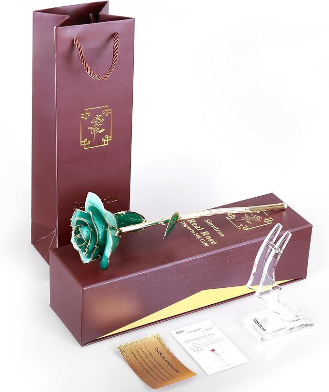 Sinvitron Gold Dipped Rose 24K Real Rose, Long Stem 24k Gold Plated Rose with Stand, Birthday Gift for Women,Gifts for Mom, Dipped Gold Rose for Anniversary, Mothers and Valentines Day (Light Blue)