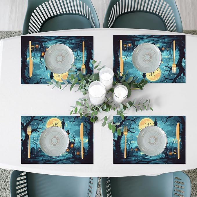 Halloween Castle Moon Scary Placemats Set of 6 PVC Vinyl Non Slip Table Mats Heat Resistant Place Mats Washable Wipeable Dining Table Mat for Kitchen Decor Party Indoor Outdoor Decorative Gift