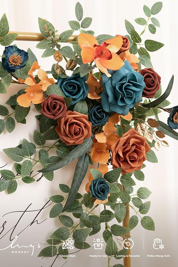 Ling's Moment Wedding Artificial Welcome Sign Flowers Swag Arch Floral Garland Decorations Teal Orange for Ceremony Reception Entrance Entryway Party Banquets Easel Wall Home Outdoor(NOT Include Sign)