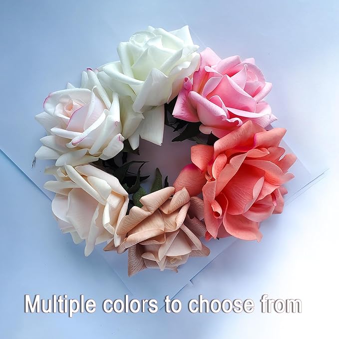 Artificial flower real touch roses feel and look realistic fake roses with short stems, suitable for gift, for wife girlfriend mom friends, Indoor home table，cake, hotel, car decoration (orange pink)