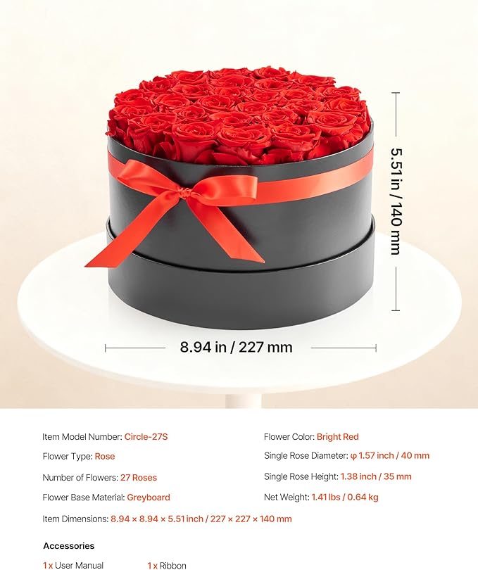 VEVOR Forever Flowers, 27 Preserved Roses in a Box, Eternal Flowers Immortal Bouquet Birthday Present for Delivery Prime Women Her Wife Mothers, Anniversary, Valentine's Day,Christmas, Red