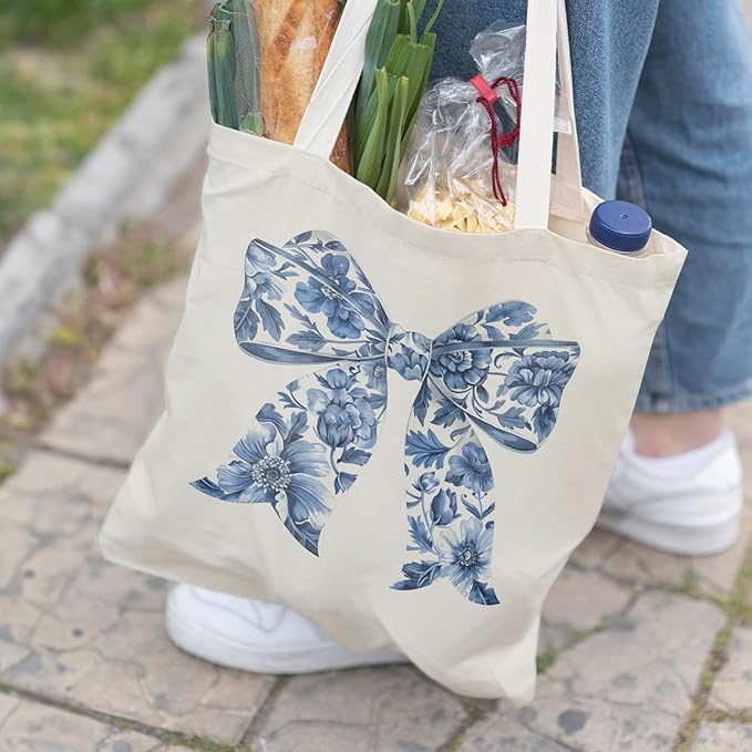 Blue and White Chinoiserie Prints Canvas Tote Bag for Women, Reusable Folding Shopping Bags with Handles