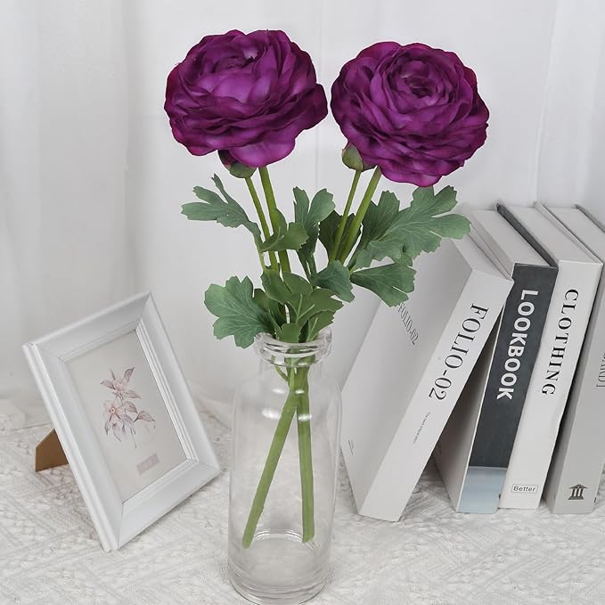 Ranunculus Artificial Flowers,6PCS Real Touch Flowers Bulk Purple Ranunculus Faux Flowers for DIY Wedding Bouquet Party Table Home Decor(Purple)