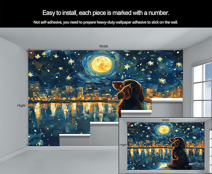 KIREUPA Dog and Moon Night Sky Wall Mural, Starry Night Cityscape 3d Wall Murals, Nighttime Dog Reflection Wallpaper Mural, for Living Room Bedroom Large Wallpaper Indoor Decor 59" W x39.4 H