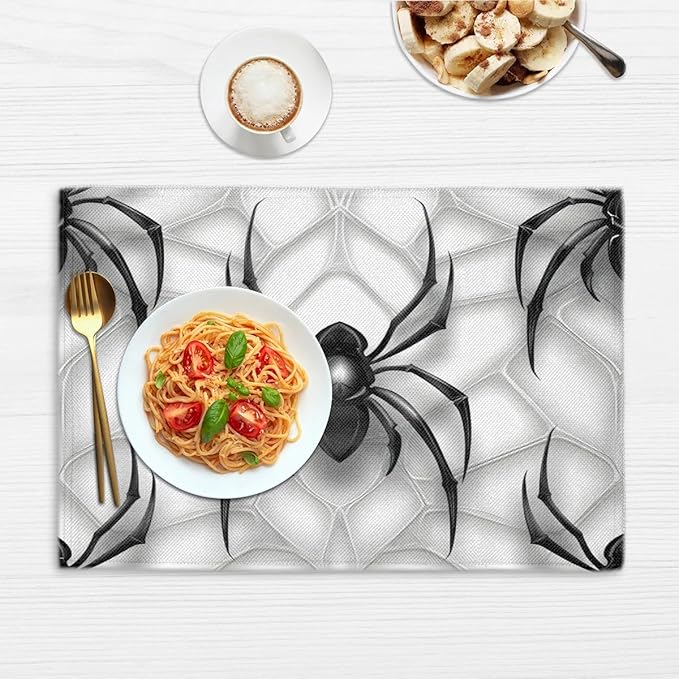 Black Spiders Placemats, Place Mats Set of 4, Heat Resistant Place Mats, Washable Table Mats for Dining Table, Non-Slip Stain Resistant Kitchen Table Placemats, Spiders Web