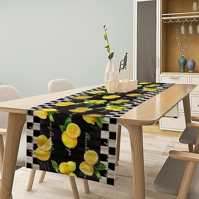 Lemon Table Runner , Summer Yellow Fruits Green Leaves Kitchen Dinning Table Decoration for Indoor Outdoor Home Party Decor 13x120 Inch