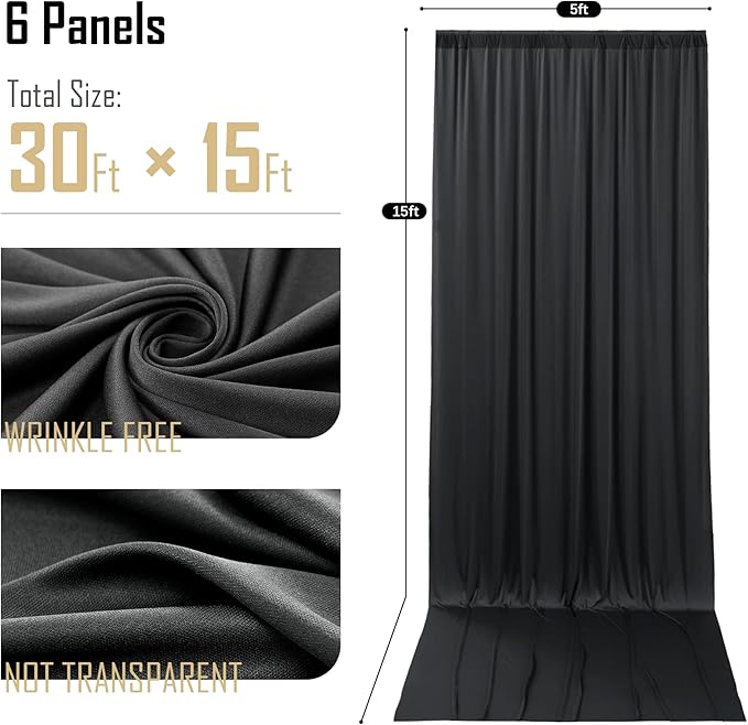 gogoparti 30x15 ft Black Backdrop Curtain for Weddings & Parties - 6-Panel Wrinkle-Free Polyester Drape, 15 FT Long for Birthday, Baby Shower, Halloween Photography Background