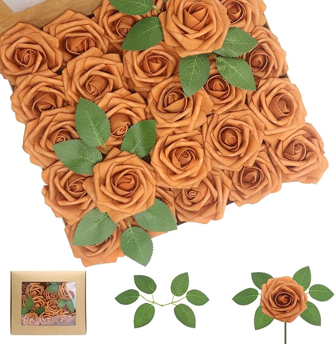 100PCS Artificial Flowers Gold Sparrow Roses Real Looking Foam Fake Roses with Leaves and for DIY Wedding Bouquets Bridal Shower Centerpieces Party Decorations (Gold Sparrow, 100)