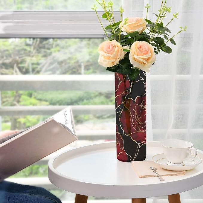 Flower Vase for Centerpieces, Red Roses Gold Black Plastic Cylinder Vase, Clear Bud Vases for Home Wedding Office Table Decor