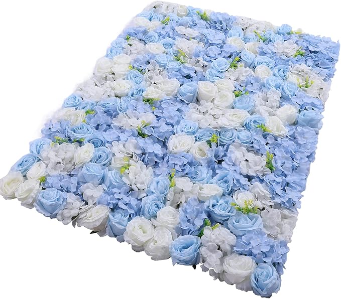 LOYALHEARTDY 4 Pack Artificial Flower Wall Panels 24" x 16" Blue & White Faux Hydrangea and Rose Artificial Flower Backdrop Panels for Wedding Party Event Flower Wall Decor