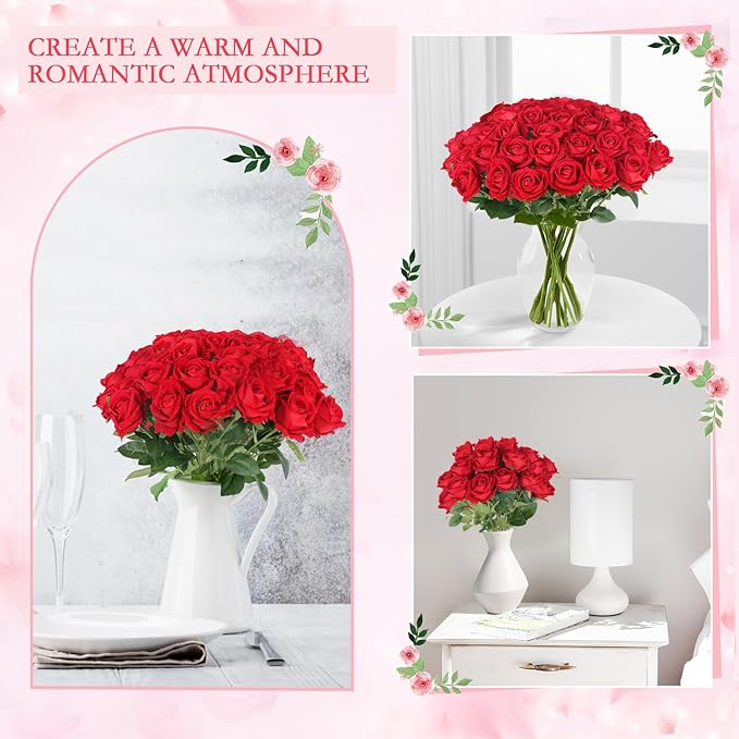 Hananona 50 Pcs Artificial Roses in Bulk, Fake Silk Red Roses Realistic Roses for Wedding Centerpieces Flower Arrangement Home Decor (50, Red)