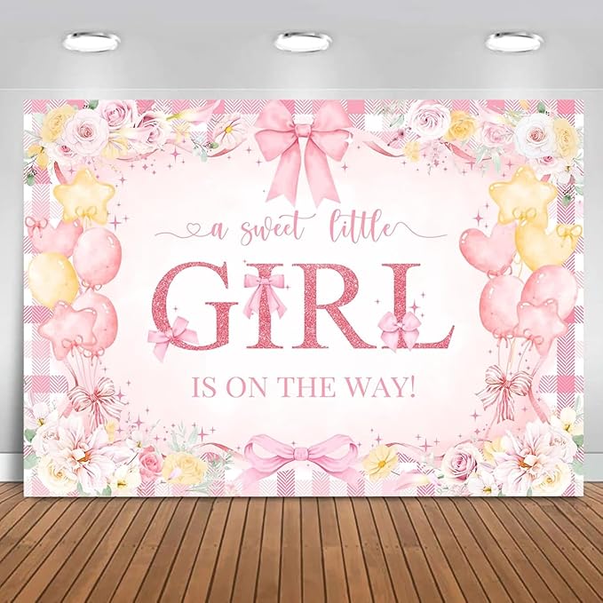 Mocsicka Bow Baby Shower Backdrop Pink Floral Baby Girl Shower Photo Background Banner Sweet Little Girl on The Way Decorations for Baby Shower Party Supplies Photo Props (6x4ft (72x48 inch))