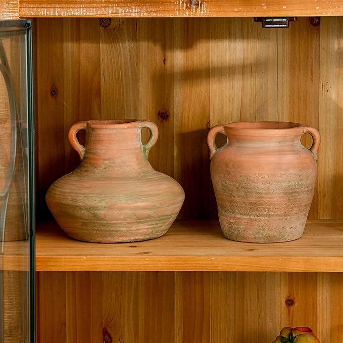 Sungmor Rustic Ceramic Flower Vase with Handles, Decorative Pottery Vase 7 Inch Terracotta Plant Pots, Cement Textured Vases Home Decor, Indoor Fresh Flowers Planter, Dried Flower Arrangements
