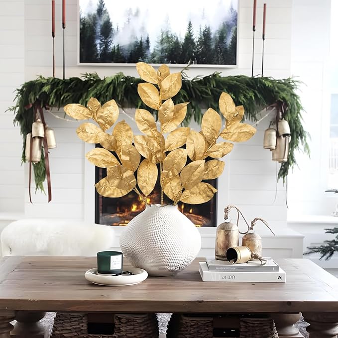 Briful Gold Magnolia Leaves Branches, 3 Pack 28.7in Faux Magnolia Leaves Stems Artificial Christmas Greenery Branches for Xmas Home Vase Floral Arrangement