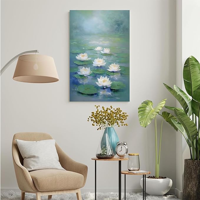 Zen wall art Delicate white lotus flower floating on calm water Vintage oil painting print Serene aquatic wall art creates a tranquil home decor 28x40in Wood Framed
