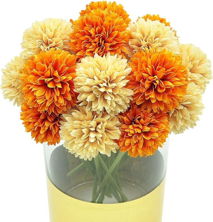20Pcs Artificial Fake Flower Plants Silk Chrysanthemum Ball Hydrangea Arrangements Wedding Bouquets Decor Home Kitchen Garden Party Table Floral Centerpieces DIY (Beige&Orange)