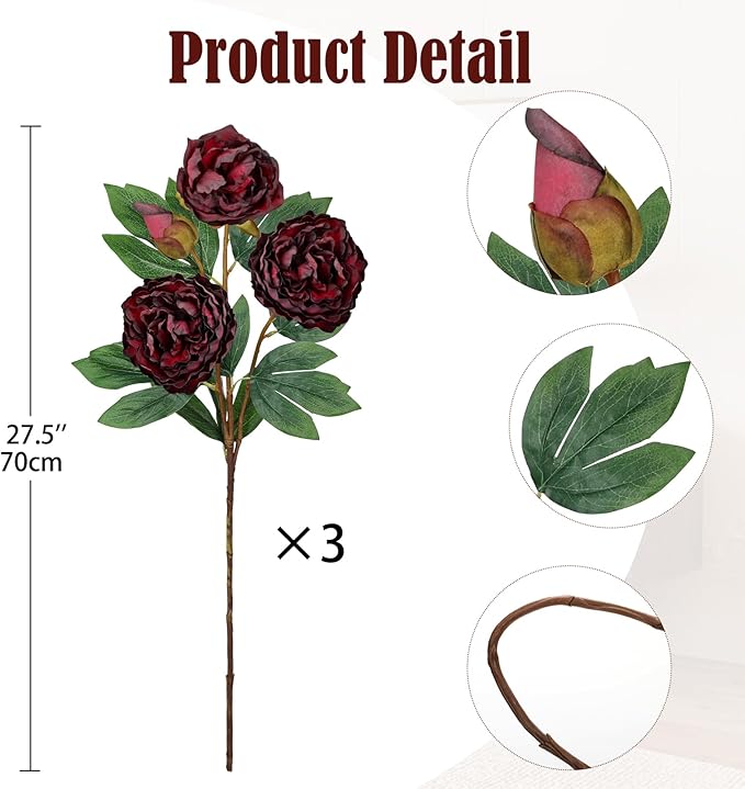 Briful 3 Pack Artificial Peony Flower 27.5" Tall Burgundy Silk Peonies Floral Stems Real Touch Faux Peony Flower for Wedding Bouquets Home Floral Arrangements Table Centerpieces DIY Décor