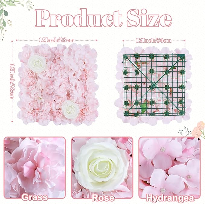 FOTSHARER Pink Flower Wall Backdrop 12 Pack 3D Flower Wall Panel 15'' x 15'' Silk Rose Floral Walls Artificial Flower Panels for Backdrop Floral Wedding Background for Bridal Shower Party Events