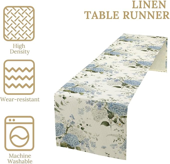 Blue Floral Table Runner, Spring Summer Watercolor Hydrangea Flower Butterfly Country Farmhouse Coffee Table Center Decor for Home Kitchen Dining Patio Holiday Party Table Decorations 13x90 inches