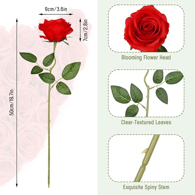 Waipfaru 12 Pcs Artificial Flowers Fake Silk Roses, Faux Real Touch Roses Bouquet with Long Stem for Wedding Party Home Decor (Red)