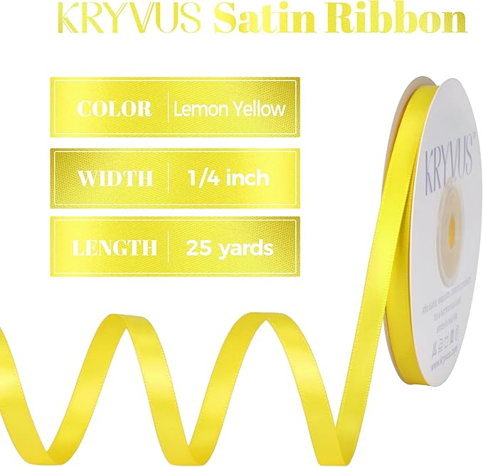 Lemon Yellow Satin Ribbon, Double Faced 1/4 Inch X 25 Yards Lemon Yellow Ribbon, Premium Satin Ribbon for Gift Wrapping, Crafts, Hair Bow Making, Sewing, Flower Bouquet, Wedding Party Decor