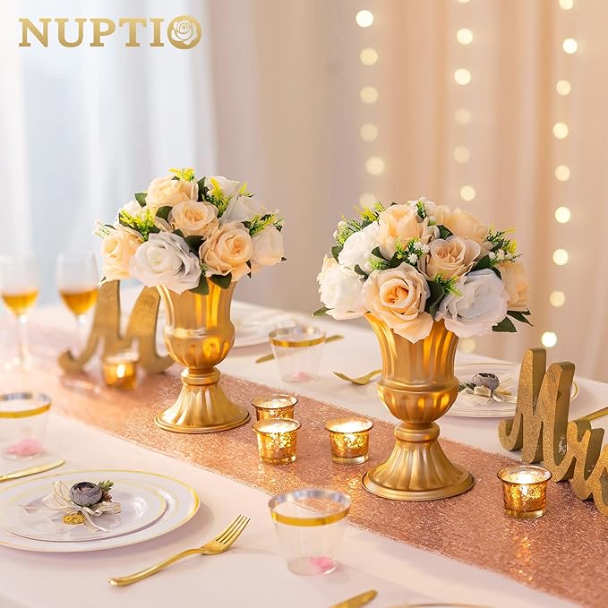 Nuptio Gold Vases for Centerpieces - 10 Pcs, 9in Height Metal Urn Planter Elegant Wedding Centerpieces for Tables - Trumpet Vase for Weddings and Party Decoration