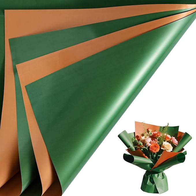 LeZakaa 20 Sheets Christmas Flower Wrapping Paper, Retro Green and Bronze Gold Design Waterproof Reversible Floral Bouquet Paper, for Valentines, Mothers Day, Party, Birthday, Wedding, Baby Shower
