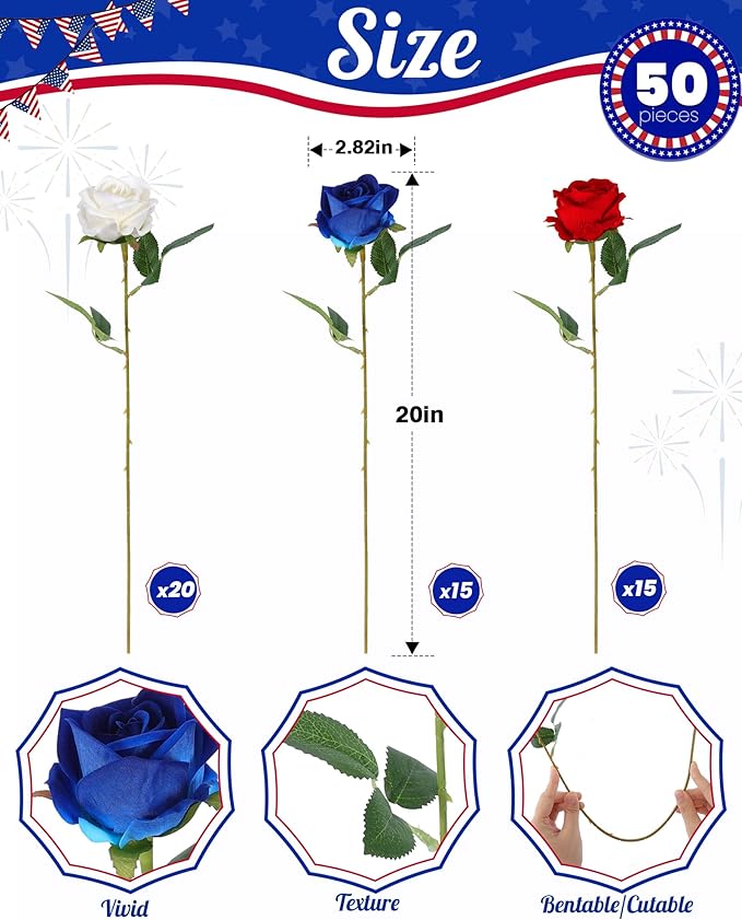 50Pack Artifical Flowers Bulk, Realistic Roses Bouquet with Long Stem for DIY, Wedding and Home Décor