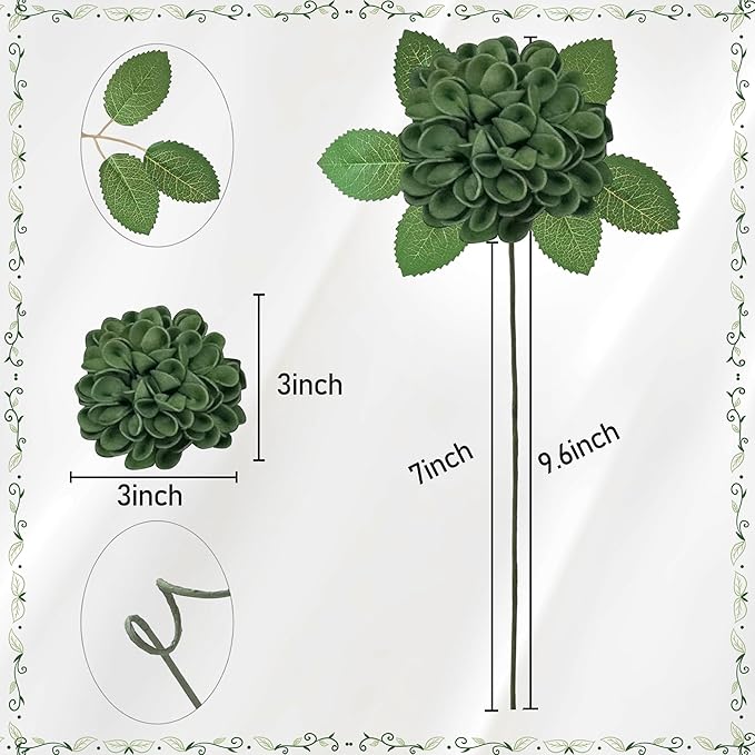 Artificial Flowers, 50pcs Realistic Artificial Rose for DIY Wedding Bouquets Centerpieces Arrangements, Hunter Green and Mint Green Dahlia Flowers with Stem for Bridal Shower Party